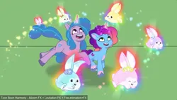 Size: 1920x1080 | Tagged: safe, derpibooru import, official, screencap, izzy moonbow, pony, rabbit, unicorn, g5, my little pony: tell your tale, spoiler:g5, spoiler:my little pony: tell your tale, animal, duo, female, flower, glow, glowing horn, horn, image, levitation, looking up, magic, mare, misty brightdawn, png, rebirth misty, running, telekinesis, upcoming