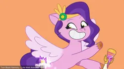 Size: 1920x1080 | Tagged: safe, derpibooru import, pegasus, pony, g5, my little pony: tell your tale, spoiler:g5, spoiler:my little pony: tell your tale, crown, female, image, jewelry, mare, microphone, png, regalia, singing, smiling, spread wings, stage, tail, two toned mane, two toned tail, unshorn fetlocks, upcoming, wings