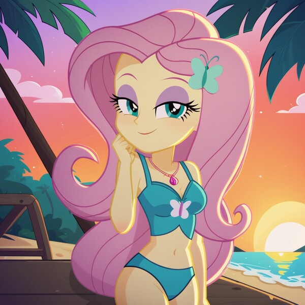 Size: 1024x1024 | Tagged: suggestive, ai content, derpibooru import, machine learning generated, prompter:harvydraws, stable diffusion, fluttershy, butterfly, human, insect, equestria girls, g4, adorasexy, beach, bedroom eyes, boardwalk, butterfly hairpin, clothes, cute, female, generator:pony diffusion v6 xl, image, jewelry, jpeg, looking at you, necklace, ocean, outdoors, palm tree, sexy, smiling, smiling at you, solo, solo female, stupid sexy fluttershy, sunset, swimsuit, tree, water