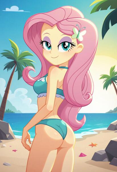 Size: 832x1216 | Tagged: suggestive, ai content, derpibooru import, machine learning generated, prompter:harvydraws, stable diffusion, fluttershy, butterfly, human, insect, starfish, equestria girls, g4, adorasexy, beach, bedroom eyes, blushing, butt, butterfly hairpin, clothes, cute, female, flutterbutt, generator:pony diffusion v6 xl, image, jpeg, looking at you, looking back, looking back at you, ocean, outdoors, palm tree, rock, seashell, sexy, show accurate, smiling, smiling at you, solo, solo female, stupid sexy fluttershy, swimsuit, tree, water