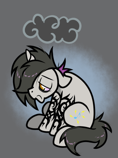 Size: 819x1100 | Tagged: safe, artist:paperbagpony, derpibooru import, oc, oc:bass sparks, image, png, sad, sitting, tattoo