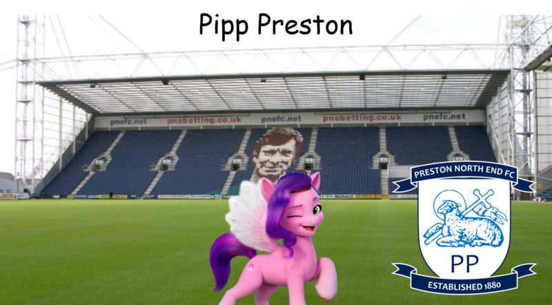 Size: 1875x1036 | Tagged: safe, derpibooru import, editor:izzymoonbow_444, pipp petals, pegasus, pony, g5, comic sans, deepdale, football, image, irl, photo, png, ponies in real life, preston, preston north end, sports, stadium