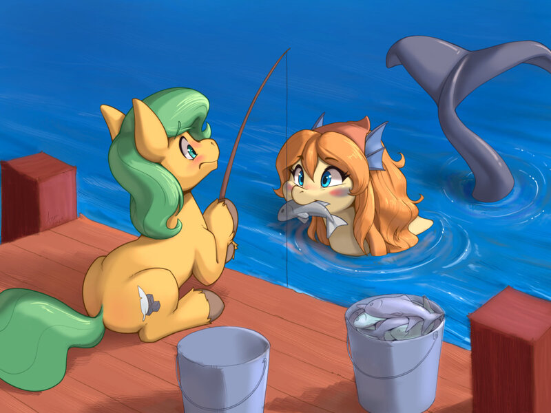 Size: 1200x900 | Tagged: safe, artist:ajin, derpibooru import, oc, oc:marina, unofficial characters only, earth pony, fish, merpony, blushing, bucket, cutie mark, dorsal fin, ear fins, fin, fin ears, fins, fish tail, fishing rod, flowing mane, flowing tail, image, jpeg, looking at each other, looking at someone, mouth hold, ocean, orange hair, partially submerged, pier, scales, swimming, tail, unshorn fetlocks, water