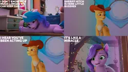 Size: 2000x1125 | Tagged: safe, derpibooru import, edit, edited screencap, editor:quoterific, screencap, hitch trailblazer, izzy moonbow, pipp petals, g5, my little pony: make your mark, my little pony: make your mark chapter 2, image, png, the cutie mark mix-up