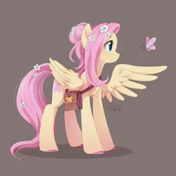 Size: 2160x2160 | Tagged: safe, artist:applesartt, derpibooru import, fluttershy, butterfly, insect, pegasus, pony, g4, bag, cute, female, flower, flower in hair, flower in tail, image, looking at something, mare, one wing out, png, shyabetes, simple background, solo, tail, wings