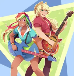 Size: 1987x2048 | Tagged: safe, artist:applesartt, derpibooru import, applejack, rainbow dash, human, g4, abstract background, clothes, colored eyebrows, cowboy hat, dark skin, duo, duo female, female, freckles, guitar, hat, humanized, image, multicolored hair, musical instrument, open mouth, open smile, png, rainbow hair, skirt, smiling, stetson, wristband