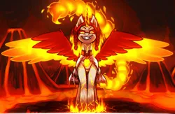 Size: 1000x650 | Tagged: safe, alternate version, artist:shad0w-galaxy, derpibooru import, oc, oc:ayzat, unofficial characters only, alicorn, pony, clothes, corrupted, female, fiery wings, fire, glow, glowing eyes, glowing horn, glowing wings, horn, image, infinite eclipse, lava, mane of fire, mare, png, priestess, smiling, smirk, smoke, tail, tail of fire, volcano, wings