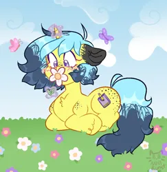 Size: 894x919 | Tagged: safe, artist:nullkunst, derpibooru import, oc, oc:sharpened pencil, unofficial characters only, butterfly, insect, pony, unicorn, ambiguous gender, blushing, butt freckles, cloud, cute, floppy ears, flower, freckles, grass, horn, image, magic, outdoors, png, ponysona, sniffing, unicorn oc, unshorn fetlocks