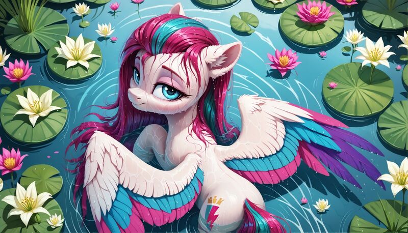 Size: 2320x1328 | Tagged: safe, ai content, derpibooru import, machine learning generated, stable diffusion, zipp storm, pegasus, pony, g5, alternate hairstyle, ear fluff, female, flower, generator:pony diffusion v6 xl, image, jpeg, lidded eyes, lily (flower), lilypad, long mane, long mane zipp, looking at you, looking back, looking back at you, looking up, mare, overhead view, partially submerged, perspective, pond, prompter:siber, rear view, solo, spread wings, water, wet, wet mane, wings