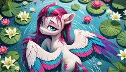 Size: 2320x1328 | Tagged: safe, ai content, derpibooru import, machine learning generated, stable diffusion, zipp storm, pegasus, pony, g5, alternate hairstyle, ear fluff, female, flower, generator:pony diffusion v6 xl, image, jpeg, lidded eyes, lily (flower), lilypad, long mane, long mane zipp, looking at you, looking back, looking back at you, looking up, mare, overhead view, partially submerged, perspective, pond, prompter:siber, rear view, solo, spread wings, water, wet, wet mane, wings