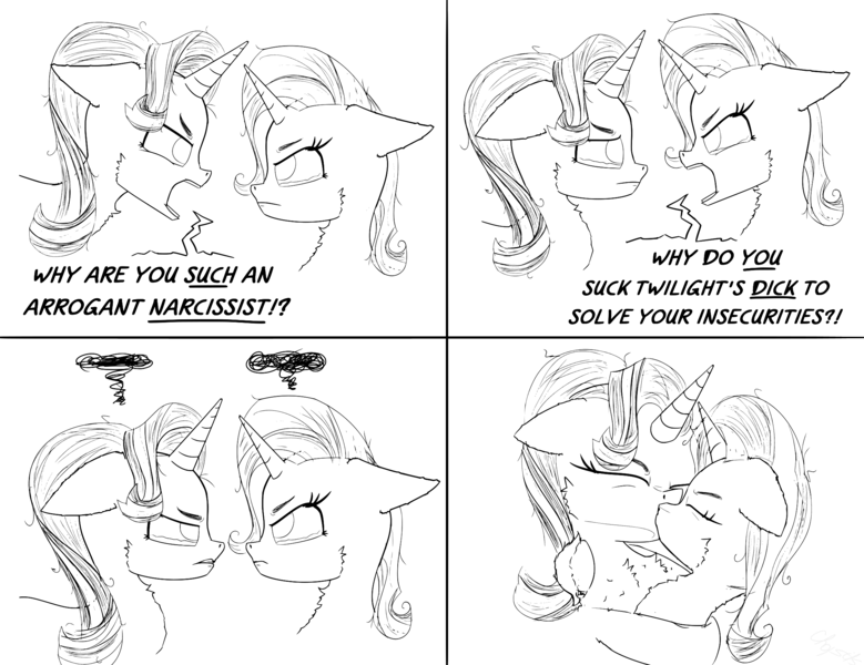 Size: 2250x1732 | Tagged: suggestive, artist:chopsticks, derpibooru import, starlight glimmer, trixie, pony, unicorn, g4, 4 panel comic, angry, angry kissing, black and white, cheek fluff, chest fluff, comic, dialogue, ear fluff, eyebrows, eyebrows visible through hair, eyes closed, female, floppy ears, funny, grayscale, horn, hug, image, implied blowjob, implied futa, implied futa twilight sparkle, implied oral, implied sex, implied twilight sparkle, insult, kissing, lesbian, looking at each other, looking at someone, mare, monochrome, open mouth, png, pony on pony action, profile, shipping, simple background, sketch, startrix, stray strand, teary eyes, text, unshorn fetlocks, vulgar, white background, yelling