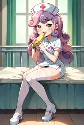 Size: 3072x4608 | Tagged: suggestive, ai content, machine learning generated, prompter:drpeeper d fresa, sweetie belle, equestria girls, banana, bed, black panties, clothes, female, food, hospital bed, human coloration, image, jpeg, nurse, nurse outfit, short skirt, skirt, socks, thigh highs, underwear, upskirt