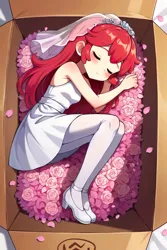 Size: 3072x4608 | Tagged: safe, ai content, machine learning generated, prompter:drpeeper d fresa, apple bloom, equestria girls, box, bride, child, clothes, female, flower, human coloration, image, jpeg, sleeping, socks, thigh highs, white dress, white shoes