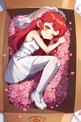 Size: 3072x4608 | Tagged: safe, ai content, alternate version, machine learning generated, prompter:drpeeper d fresa, apple bloom, equestria girls, box, bride, child, clothes, female, flower, human coloration, image, jpeg, lying, smiling, socks, thigh highs, white dress, white shoes