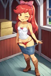 Size: 1536x2304 | Tagged: suggestive, ai content, banned from derpibooru, machine learning generated, prompter:drpeeper d fresa, apple bloom, equestria girls, barn, boots, child, clothes, denim skirt, female, image, lolicon, night, one eye closed, panties, png, shoes, skirt, tanktop, underage, underwear, undressing, wink