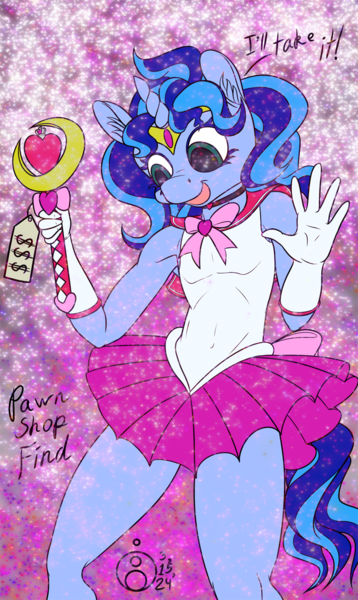 Size: 716x1200 | Tagged: safe, alternate version, artist:sepiakeys, derpibooru import, oc, oc:blue giggles, anthro, crossdressing, femboy, image, male, png, sailor moon (series), sailor senshi, solo