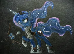 Size: 2986x2199 | Tagged: safe, artist:cmdraj, derpibooru import, princess luna, alicorn, pony, armor, arrow, bow (weapon), bow and arrow, constellation hair, image, jpeg, magic, solo, traditional art, weapon