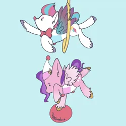 Size: 4400x4400 | Tagged: safe, artist:tkshoelace, derpibooru import, pipp petals, zipp storm, pegasus, pony, g5, acrobatics, balancing, ball, blue background, bowtie, clothes, clown, clown nose, cute, duo, duo female, ear fluff, female, hat, hoop, image, leotard, necktie, png, red nose, siblings, simple background, sisters, spread wings, unshorn fetlocks, wings