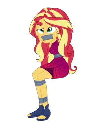 Size: 2000x2813 | Tagged: safe, artist:nie-martw-sie-o-mnie, derpibooru import, sunset shimmer, human, equestria girls, g4, bondage, bound and gagged, clothes, dress, equestria girls specials, female, femsub, gag, image, my little pony equestria girls: spring breakdown, png, simple background, solo, submissive, subset, tape, tape bondage, tape gag, transparent background