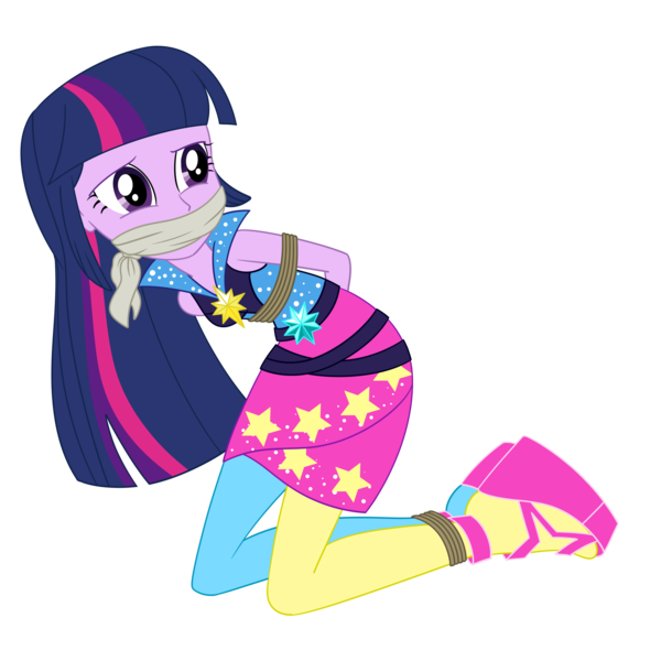 Size: 2500x2500 | Tagged: safe, artist:nie-martw-sie-o-mnie, derpibooru import, twilight sparkle, human, equestria girls, g4, bondage, bound and gagged, cloth gag, clothes, female, femsub, gag, image, kneeling, my little pony equestria girls: rainbow rocks, png, rope, rope bondage, shoes, simple background, solo, submissive, transparent background, twisub, wedge heel