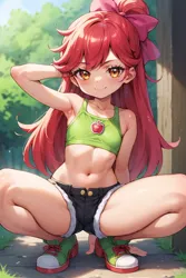 Size: 768x1152 | Tagged: suggestive, ai content, banned from derpibooru, machine learning generated, prompter:drpeeper d fresa, apple bloom, human, equestria girls, clothes, denim shorts, female, humanized, image, lolicon, png, shoes, shorts, squatting, tanktop, underage