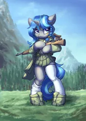 Size: 2480x3508 | Tagged: safe, artist:ravistdash, derpibooru import, oc, oc:cork, pony, battlefield, clothes, dark skin, egyptian, female, greek, gun, image, macro, mare, png, scenery, skirt, socks, solo, solo female, stockings, thigh highs, weapon