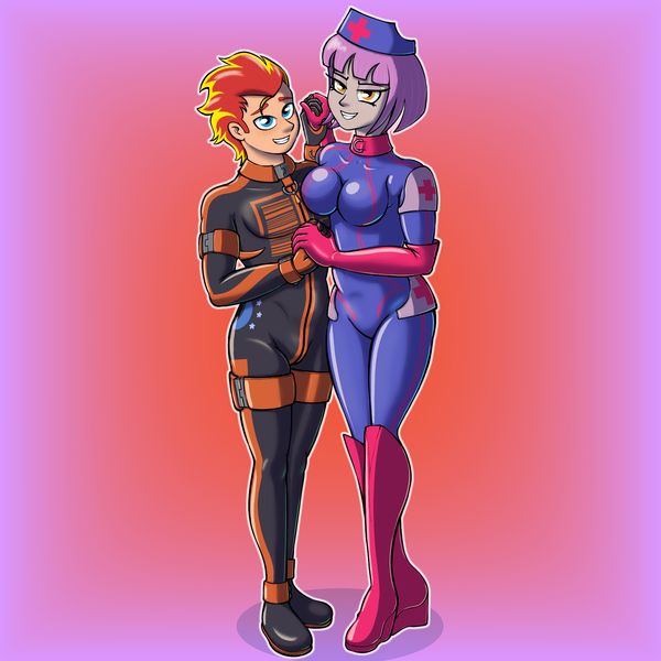 Size: 1800x1800 | Tagged: suggestive, artist:cybersquirrel, derpibooru import, oc, oc:fireheart(fire), oc:nurse lavender blossom, unofficial characters only, human, equestria girls, g4, alternate universe, clothes, couple, cute, fireheart76's latex suit design, gloves, holding hands, humanized, humanized oc, image, latex, latex boots, latex gloves, latex suit, png, prisoners of the moon, rubber, rubber boots, rubber gloves, rubber suit