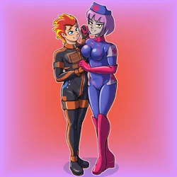 Size: 1800x1800 | Tagged: suggestive, artist:cybersquirrel, derpibooru import, oc, oc:fireheart(fire), oc:nurse lavender blossom, unofficial characters only, human, equestria girls, g4, alternate universe, clothes, couple, cute, fireheart76's latex suit design, gloves, holding hands, humanized, humanized oc, image, latex, latex boots, latex gloves, latex suit, png, prisoners of the moon, rubber, rubber boots, rubber gloves, rubber suit