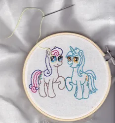 Size: 1280x1375 | Tagged: safe, artist:malte279, derpibooru import, bon bon, lyra heartstrings, sweetie drops, earth pony, pony, unicorn, g4, craft, embroidery, female, horn, image, jpeg, looking at you, mare, smiling, wip