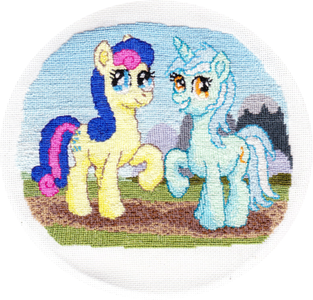 Size: 1559x1491 | Tagged: safe, alternate version, artist:malte279, derpibooru import, bon bon, lyra heartstrings, sweetie drops, earth pony, pony, unicorn, craft, embroidery, female, grin, horn, image, looking at you, mare, png, smiling