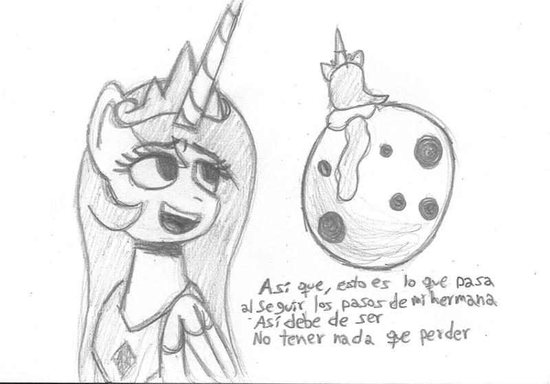 Size: 1693x1180 | Tagged: safe, artist:rosa ushiromiya, derpibooru import, princess celestia, alicorn, pony, g4, 4everfreebrony, crown, female, image, jewelry, mare, monochrome, moon, open mouth, png, regalia, song art, spanish, traditional art