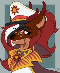 Size: 1818x2185 | Tagged: safe, derpibooru import, oc, oc:red rocket, deer, deer pony, hybrid, original species, equestria at war mod, antlers, cape, clothes, glasses, hat, image, necktie, peaked cap, png, ponytail, serious, shirt, uniform