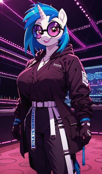 Size: 2400x4080 | Tagged: safe, ai content, derpibooru import, machine learning generated, vinyl scratch, anthro, plantigrade anthro, unicorn, big breasts, breasts, busty vinyl scratch, clothes, club, female, glasses, gloves, hoodie, horn, image, inviting, inviting you, jpeg, lips, looking at you, prompter:lotsofcaps, shirt, smiling, smiling at you, solo, sunglasses, v-neck, vinyl's glasses