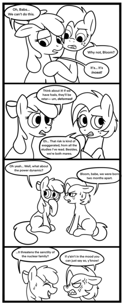 Size: 1620x4014 | Tagged: safe, artist:fillyfool, derpibooru import, apple bloom, babs seed, earth pony, g4, applecest, comic, cousin incest, cousins, female, image, incest, lesbian, png, ship:appleseed, shipping, speech bubble, text