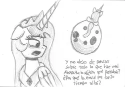 Size: 1701x1180 | Tagged: safe, artist:rosa ushiromiya, derpibooru import, princess celestia, alicorn, pony, 4everfreebrony, crying, female, image, mare, monochrome, moon, png, song art, spanish, traditional art