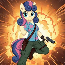 Size: 1024x1024 | Tagged: safe, ai content, derpibooru import, generator:google imagen 3.0, machine learning generated, prompter:zerowinger, bon bon, sweetie drops, anthro, earth pony, plantigrade anthro, g4, chuckles, clothes, cosplay, costume, female, g.i. joe, gun, hand in hair, handgun, hawaiian shirt, holster, image, jpeg, pistol, shirt, smiling, solo, weapon