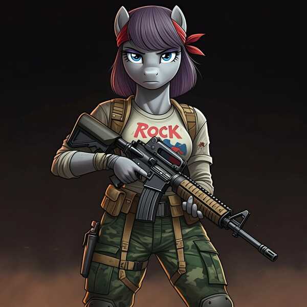 Size: 1024x1024 | Tagged: safe, ai content, derpibooru import, generator:google imagen 3.0, machine learning generated, prompter:zerowinger, maud pie, anthro, earth pony, g4, assault rifle, bandana, clothes, cosplay, costume, fatigues, female, g.i. joe, gradient background, gun, image, jpeg, outback, rifle, shirt, solo, t-shirt, weapon