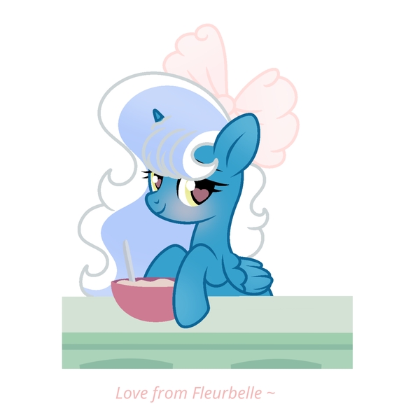 Size: 6890x6890 | Tagged: safe, artist:riofluttershy, derpibooru import, oc, oc:fleurbelle, unofficial characters only, alicorn, pony, alicorn oc, blushing, bow, bowl, caption, counter, female, hair bow, heart, heart eyes, horn, image, jpeg, mare, pink bow, simple background, smiling, solo, spoon, text, two toned hair, two toned mane, white background, wingding eyes, wings