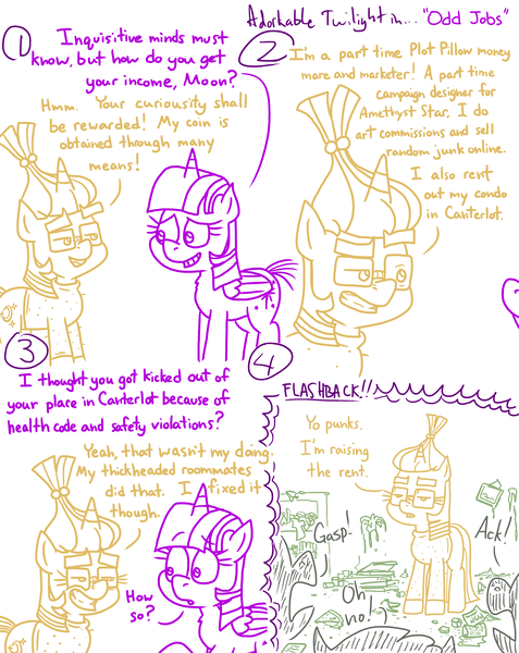 Size: 4779x6013 | Tagged: safe, artist:adorkabletwilightandfriends, derpibooru import, moondancer, twilight sparkle, twilight sparkle (alicorn), alicorn, comic:adorkable twilight and friends, adorkable, adorkable twilight, clothes, comic, cute, dork, eyebrows, foreground, glasses, image, job, messy, png, question, roommates, scared, simple background, slice of life, smiling, stain, sweater