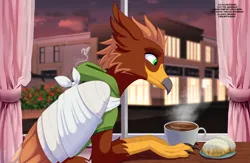 Size: 3774x2454 | Tagged: safe, artist:eveeka, derpibooru import, oc, oc:pavlos, gryphon, bandage, beak, broken bone, broken wing, cafe, cast, cheek fluff, claws, clothes, coffee, colored wings, commission, donut, eared griffon, food, griffon oc, happy, image, injured, non-pony oc, nonbinary, png, sling, tail, wings