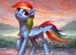 Size: 1496x1088 | Tagged: safe, ai content, derpibooru import, machine learning generated, prompter:radioglitch, stable diffusion, rainbow dash, generator:pony diffusion v6 xl, image, png, water, wet