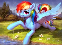 Size: 1496x1088 | Tagged: safe, ai content, derpibooru import, machine learning generated, prompter:radioglitch, stable diffusion, rainbow dash, pegasus, generator:pony diffusion v6 xl, image, nature, png, river, water, wet