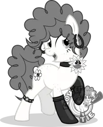 Size: 1038x1280 | Tagged: safe, artist:isaac_pony, derpibooru import, oc, oc:flower tie, earth pony, pony, 30s, butt freckles, clothes, cutie mark, female, flower, freckles, image, latex, latex socks, logo, mare, monochrome, png, raised hoof, show accurate, simple background, socks, solo, solo female, studs, transparent background