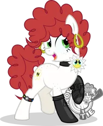 Size: 1042x1280 | Tagged: safe, alternate version, artist:isaac_pony, derpibooru import, oc, oc:flower tie, earth pony, pony, 30s, butt freckles, clothes, colored, cutie mark, female, flower, freckles, image, latex, latex socks, logo, mare, png, raised hoof, show accurate, simple background, socks, solo, solo female, studs, transparent background