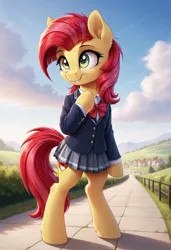 Size: 800x1169 | Tagged: safe, ai content, derpibooru import, machine learning generated, prompter:gregorymars, stable diffusion, babs seed, earth pony, pony, semi-anthro, g4, clothes, female, filly, foal, generator:pony diffusion v6 xl, image, jpeg, mare, school uniform, solo