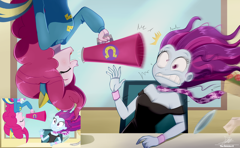 Size: 3134x1934 | Tagged: safe, artist:the-butch-x, derpibooru import, mystery mint, pinkie pie, human, equestria girls, g4, 2d, cafeteria, canterlot high, clothes, duo, duo female, eyes closed, female, image, megaphone, my little pony equestria girls, png, redraw, scarf, scene interpretation, screencap reference, shirt, skirt, sweater, table, upside down, yelling