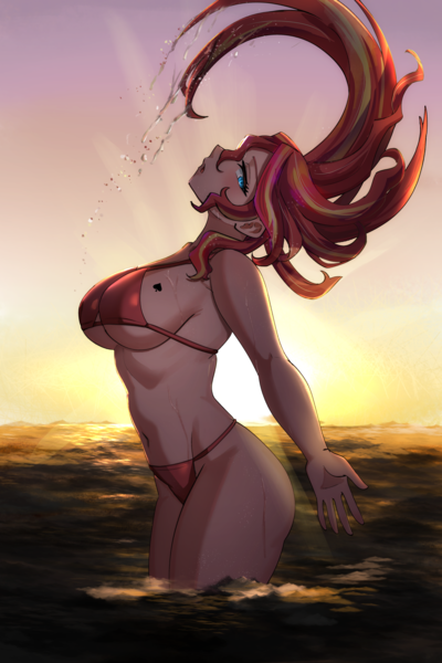 Size: 2731x4096 | Tagged: questionable, anonymous editor, artist:tzc, edit, sunset shimmer, equestria girls, blacked, breasts, busty sunset shimmer, clothes, hair flip, image, png, queen of spades, sexy, spade, swimsuit, tattoo