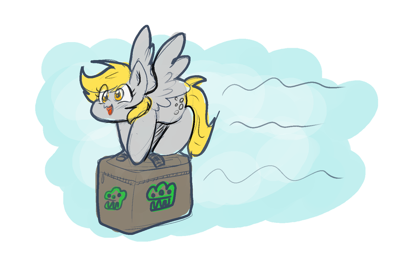 Size: 1598x1036 | Tagged: safe, artist:zutcha, derpibooru import, derpy hooves, pegasus, pony, g4, carrying, crate, cute, derpabetes, eye clipping through hair, female, flying, image, mare, open mouth, open smile, png, simple background, smiling, solo, spread wings, white background, wings