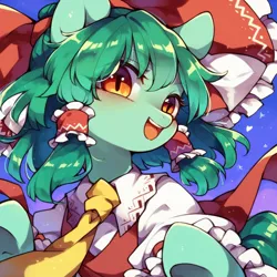 Size: 1024x1024 | Tagged: safe, ai content, derpibooru import, machine learning generated, prompter:imperishableneet, ponified, pony, explicit source, female, green fur, hakurei reimu, image, mare, miko, png, touhou