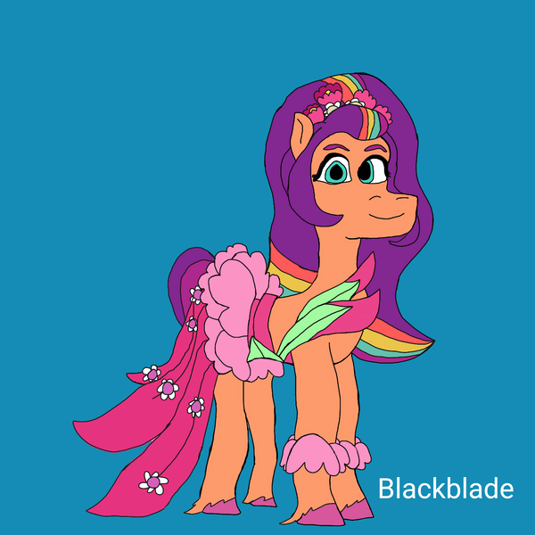 Size: 2560x2560 | Tagged: safe, artist:blackblade360, derpibooru import, sunny starscout, earth pony, pony, g5, my little pony: tell your tale, alternate hairstyle, blue background, clothes, cyan eyes, digital art, dress, female, flower, flower in hair, ibispaint x, image, looking at you, mane stripe sunny, mare, png, signature, simple background, smiling, smiling at you, unshorn fetlocks, upcoming